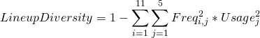 \displaystyle LineupDiversity = 1 - \sum_{i = 1}^{11} \sum_{j = 1}^{5} Freq_{i,j}^{2} * Usage_{j}^{2}